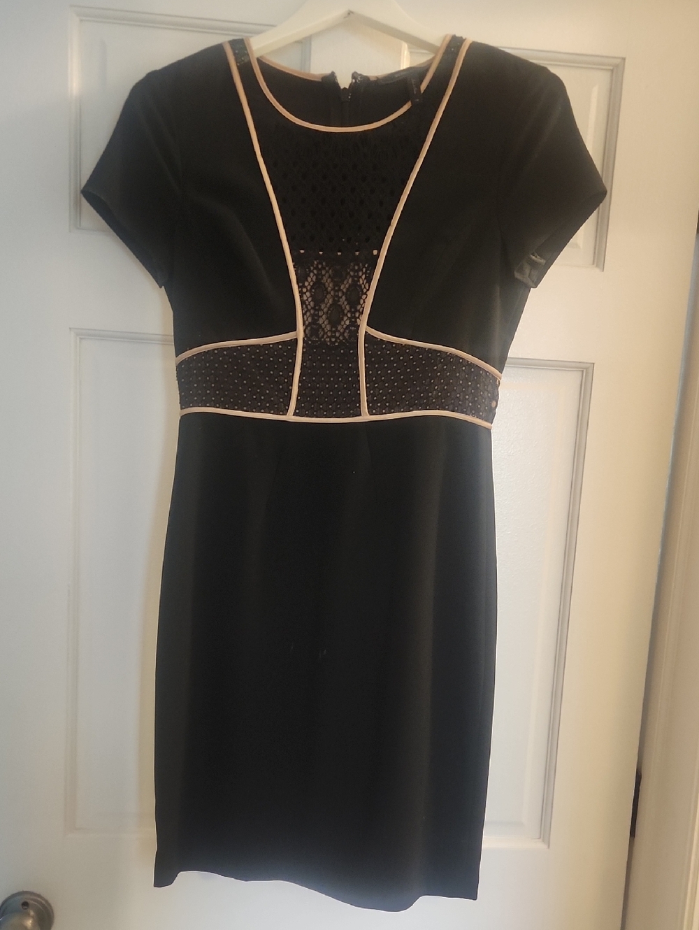 BCBG MazAzria Black Lace-Panel Sheath Dress with Nude Trim